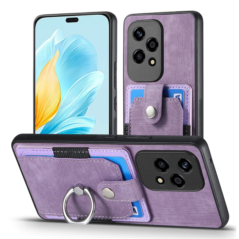Luxury Leather Magnetic Wallet Case with Ring Stand and Card Slot Cover