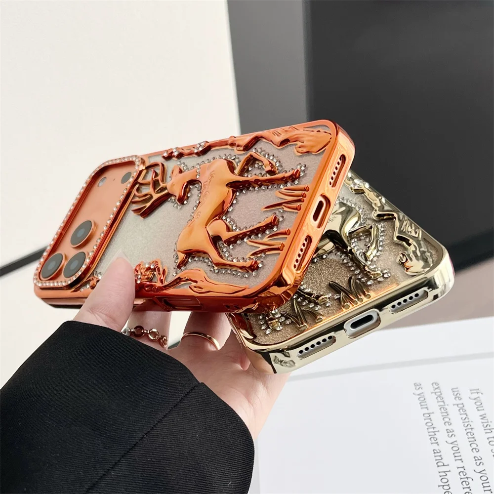 Glitter Rhinestone Deer Phone Case with Full Screen Protection and Soft Plating Armor Design