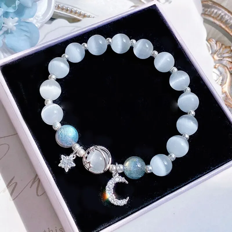 Bangle bracelet Blue Purple Color Round Beaded Opal Stone Bangles for Women Girls Shiny Crystal Moon Star Pendant Bracelets Jewelry