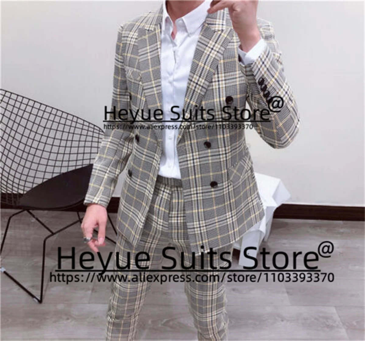 Double-breasted Plaid Suits For Men Slim Fit Peak Lapel Groom Formal Tuxedos 2 Pieces Sets Business Male Blazer Costume Hoome