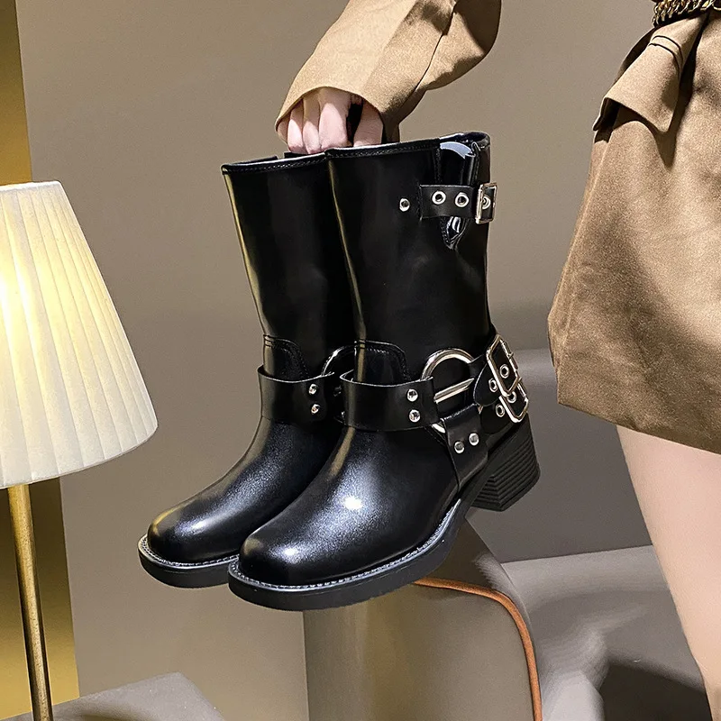 

Woman CowboyBoots Platfrom Studded Spring Summer Knight Combat Gothic Elegant Medium Heel Women's Shoes Motorcycle Footwear