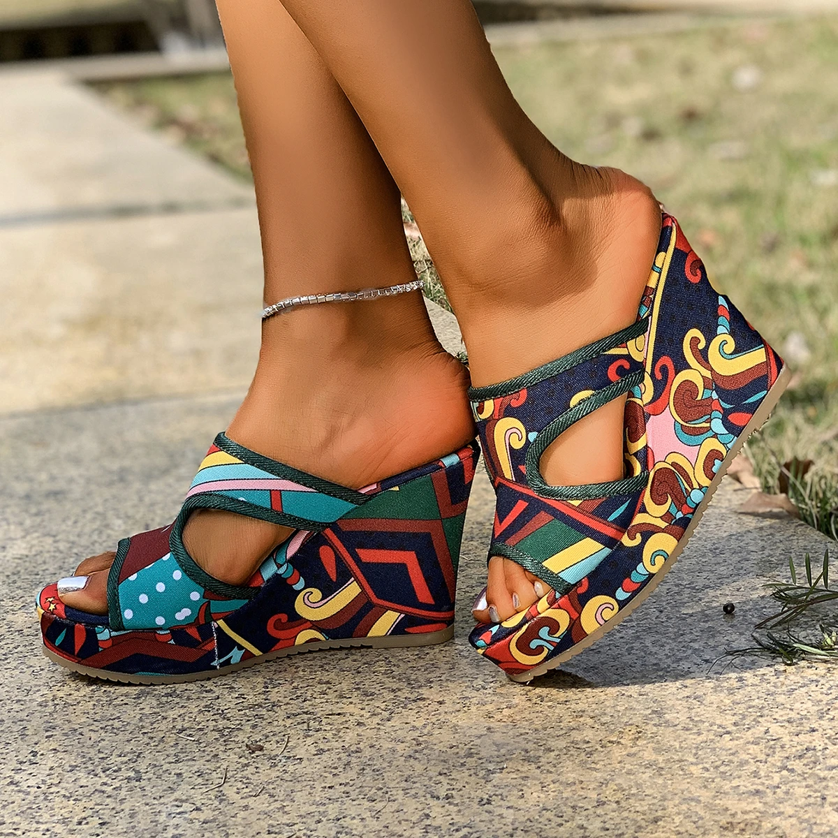 Women Platform Sandals Peep Toe Fashion Plus Size Casual Slippers Women Summer Printing Wedges Sandals Outdoor Luxury Shoes