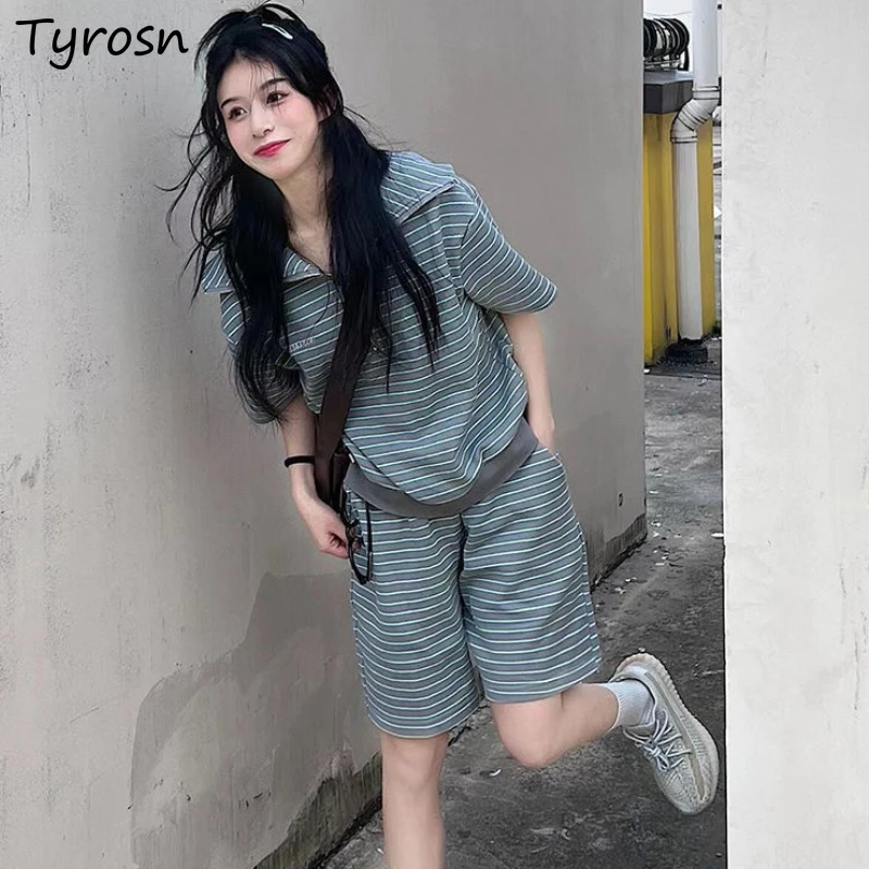 

Sporty Shorts Sets Women M-5XL Striped Design Simple Streetwear Loose T-shirts Chic Daily Summer Breathable Casual Korean Style