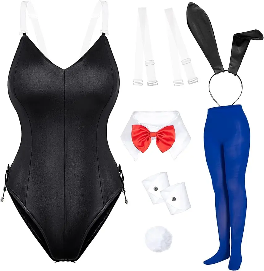 

Womens Bunny Costume Girl Bodysuit Anime Role Costume Senpai Cosplay Bodysuit One Piece Stockings Set（Black+Red 2XL