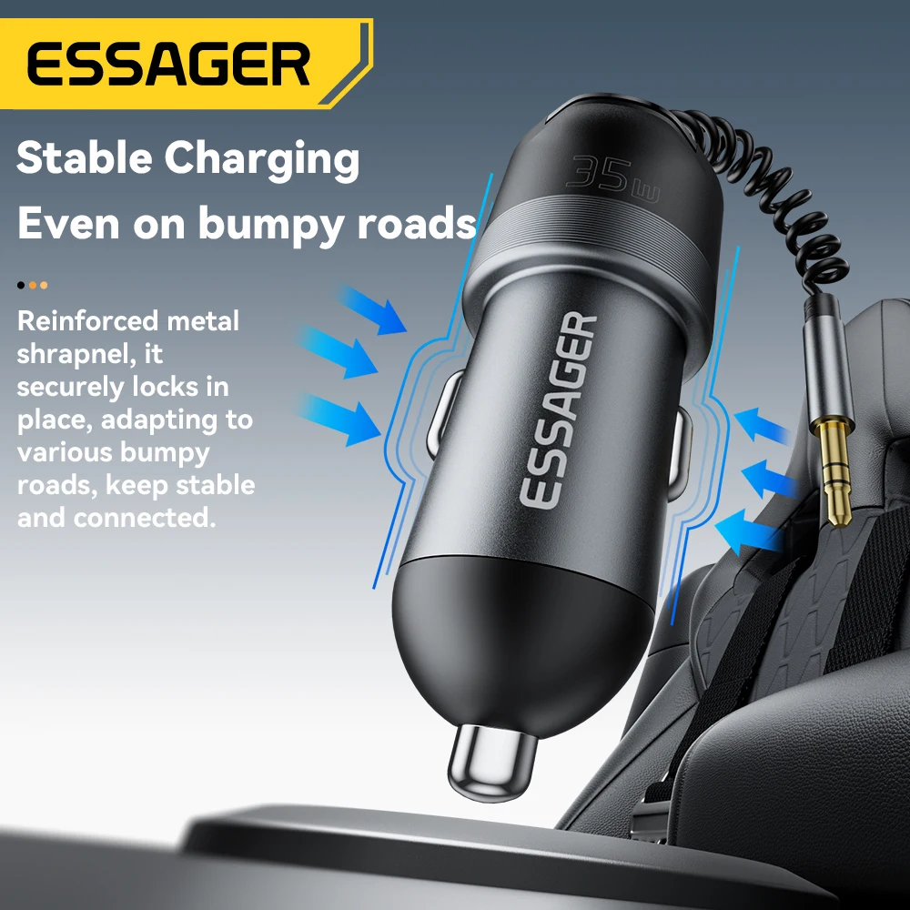 Essager Bluetooth 5.3 Car Charger 3.5mm AUX Adapter PD35W QC30W Car Fast Charger for iPhone 16 15 Pro Huawei Xiaomi Samsung iPad
