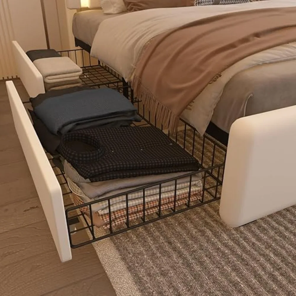 Bed Frame LED Lights 4 Stoarge Drawers Adjustable Headboard Upholstered Platform Bed Type-C&USB Ports