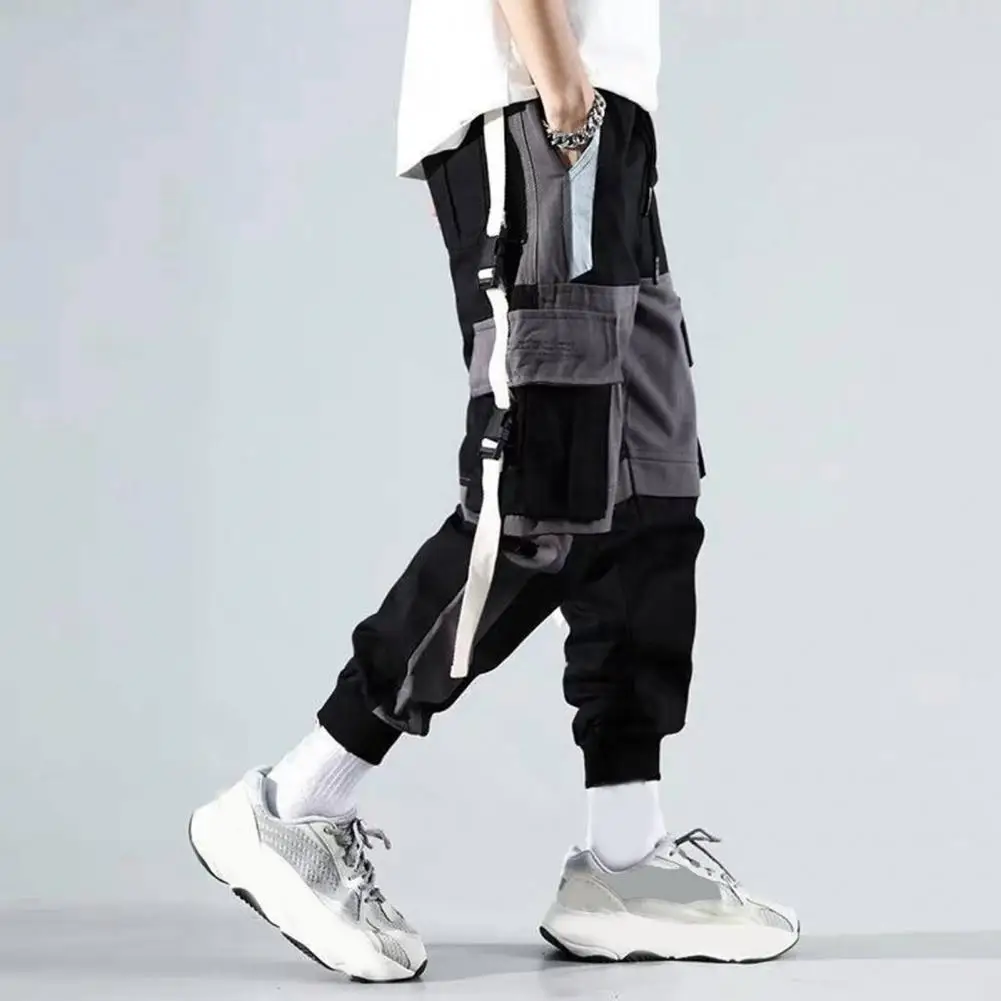 

Loose Trousers Streetwear Ninth Pants Stylish Men's Cargo Trousers with Multi Pockets Deep Crotch Buckle Decor for Warmth