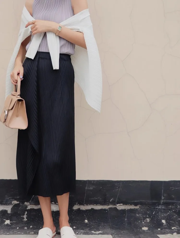 Women Irregular Pleated Skirts Solid Color Spring Summer Female Casual A- Line Midi Skirts Lady High Waist Side Split Skirts