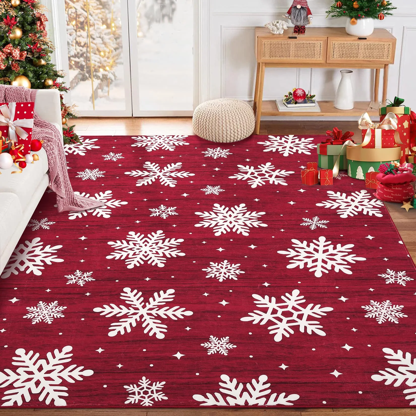 Weihnachtsbereichsteppiche, roter festlicher Teppich, weicher, rutschfester, waschbarer Teppich, Schneeflocken- und Boho-Weihnachtsdesign, Weihnachtsbodenmatte, 140 x 200 cm – Detail 6