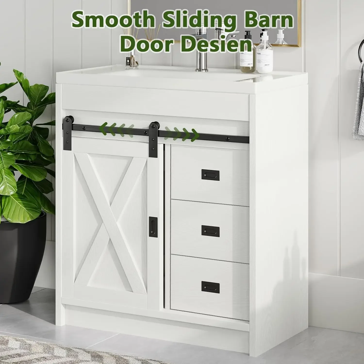 Farmhouse Bathroom Vanity with Sink Combo, 31" Bathroom Sink Cabinet with Drawers & Sliding Barn Door, Bathroom Vanity Cabinet 4
