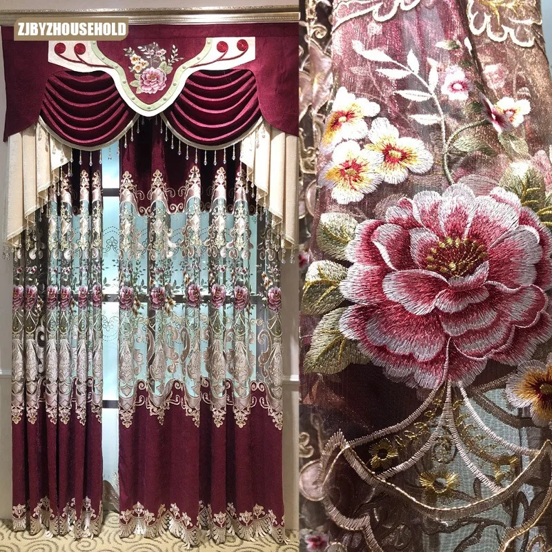 

New European Chenille Hollowed Out Embroidered Curtains for Living Dining Room Bedroom French Window Luxury Red Wedding Room