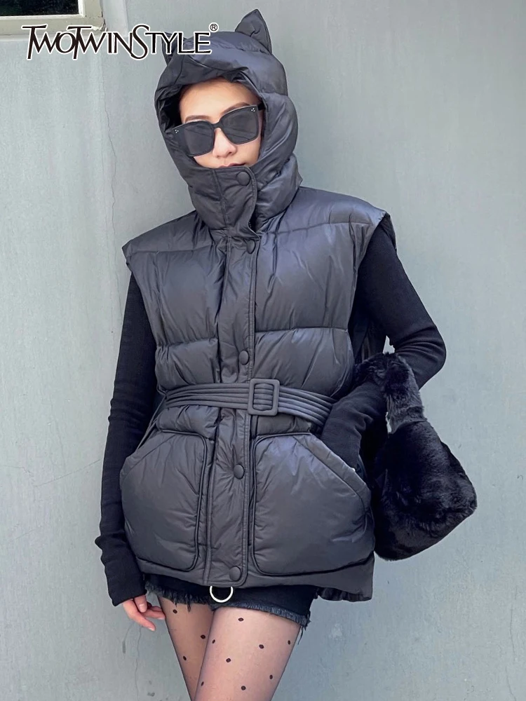 

TWOTWINSTYLE Solid Casual Vest Coat For Women Hooded Collar Sleeveless Solid Sashes Single Breasted Vests Female Clothing Winter