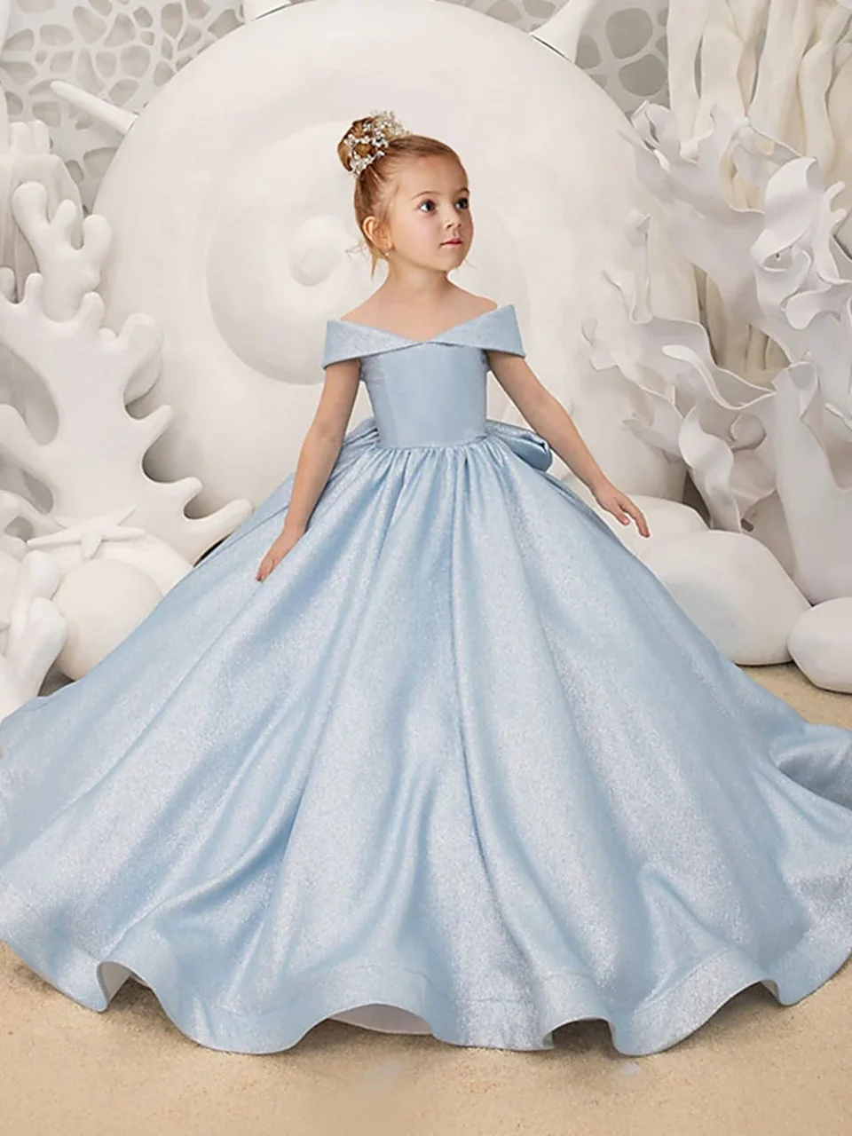 Flower Girl Dresses Off Shoulder Long Flower Girl Dresses Satin Ball Gown for Kids Party