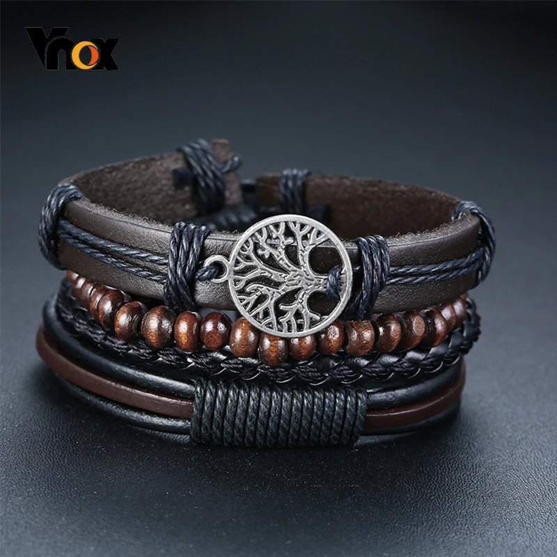 Vnox de cuero trenzado diseño árbol la vida para hombre, brazalete de estilo vintage, tribal, madera, juego de 4 unidades|Pulseras envolventes| - AliExpress