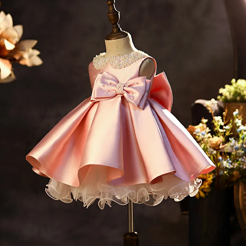 

Pink Satin Flower Girl Dresses For Wedding Baby Pearls Puffy With Bow Cute Party Kids Pageant Birthday Ball Gowns Dress