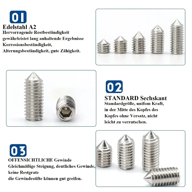 Description Picture 4 of item250PCS Socket Head Hex Set Screw Assortment Grub Screw Cup- Metric 304 Stainless Steel M3 M4 M5 M6 M8 Cup Point Grub Screw Set