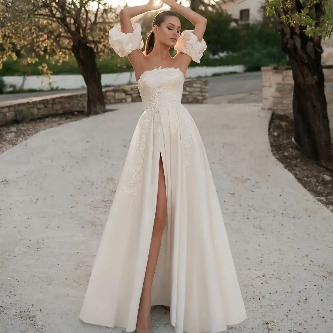 

High Slit Wedding Dresses Satin Strapless Vestidos Novia Lace Appliques Bride Guest Gown Detachabke Sleeves فستان حفلات الزفاف