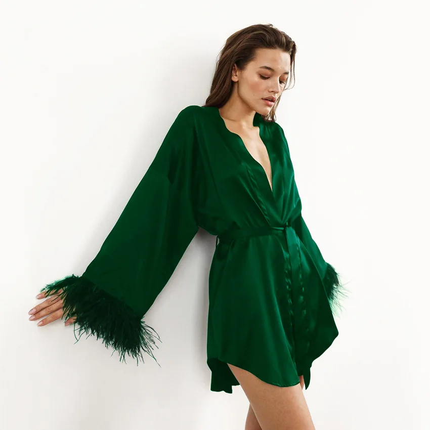White Feather Robe With Fur Full Sleeves Sleepwear Satin Robes For Women Nightgown Bride Robe Gown Dress Bathrobe Female