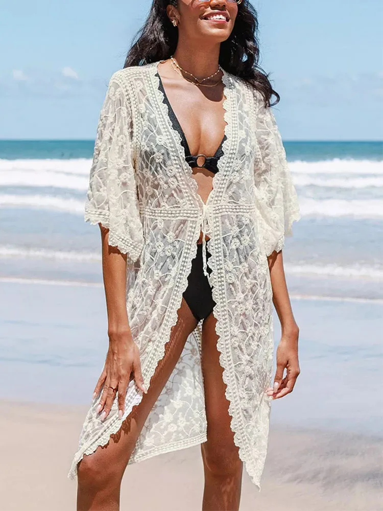 

Cover Up Beach Women Knitting Mesh Crochet Lace Bikini Bathing Suit Swimsuit Smock Sexy Short Sleeve Tunic Dress 2023 Summer