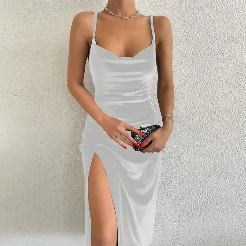 Velvet Swing Collar Sleeveless Slip Sexy Slit Maxi Dress 2024 New Fashion Evening Party Women Elegant Streetwear Y2K 5