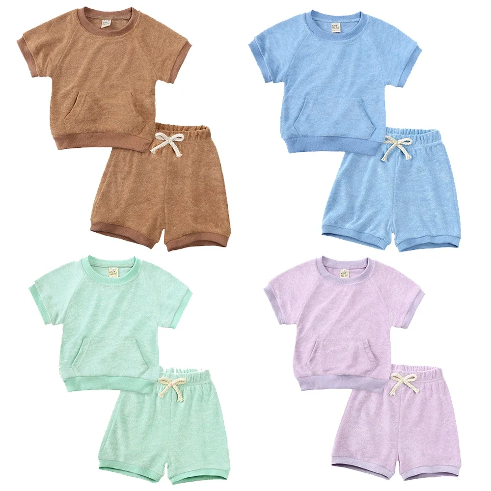 Summer Kids Outfits Solid Terry Cloth T-shirt+Shorts Clothes Baby Boy Girl Korean Tracksuit For 9M-5T Infant Set