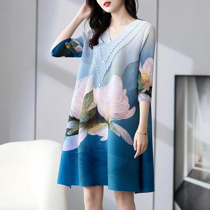 

2023 Vintage Print Midi Dresses Summer Fashion New Office Lady Runway Dress Elegant Women Temperament Loose Party Vestidos