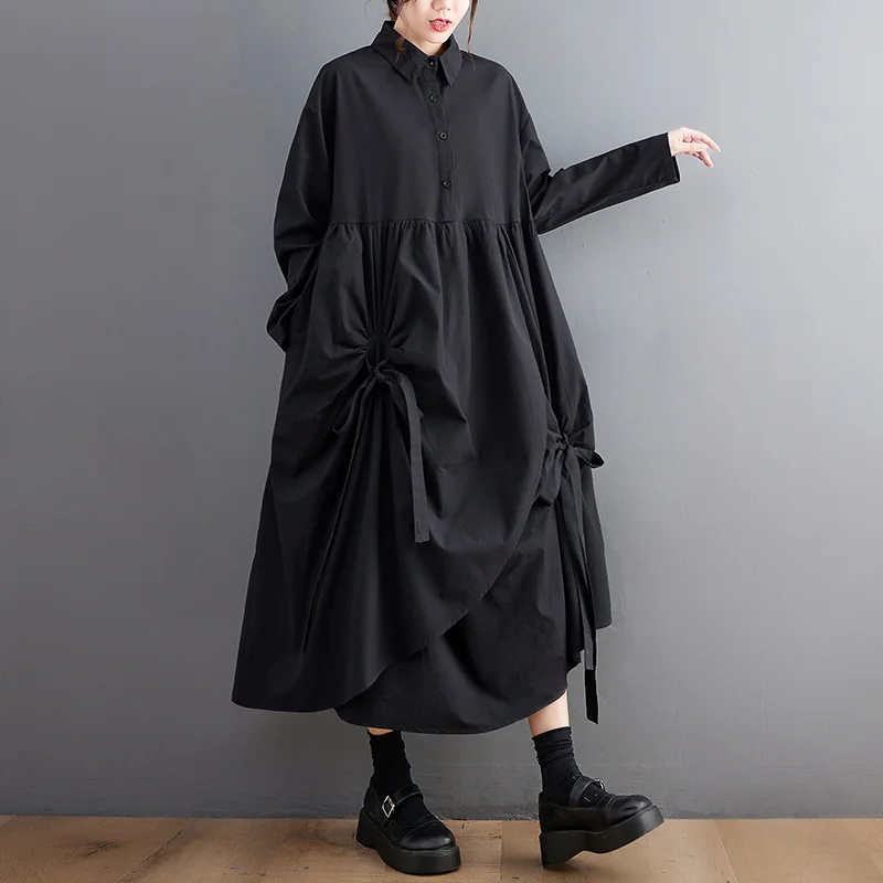 

#6852 Black Khaki Long Shirt Dress Polo Neck Buttons Pockets Asymmetric Shirt Dress Women Loose Split Joint Vintage Midi Dress