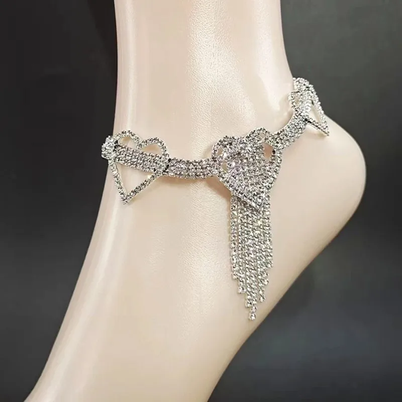 Inlaid Rhinestone Heart-shaped Tassel Charm Anklet for Women Elegant Fashion Summer Vocation Beach Wedding Anklet Jewelry Gifts