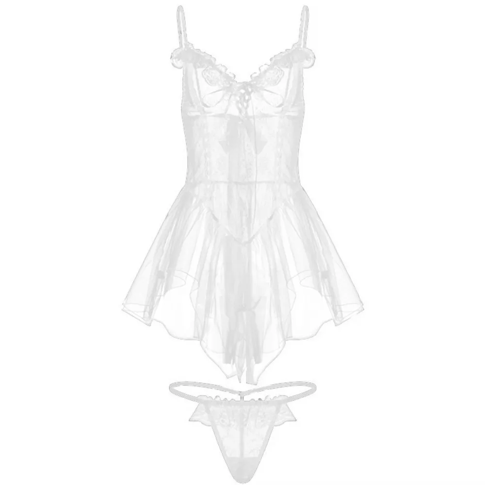 Fashion V Neck See Through Lace Nightdress Irregular Hem Bowknot Sling Night Dress Flounce Lingerie Lace Mesh Nightgown Women