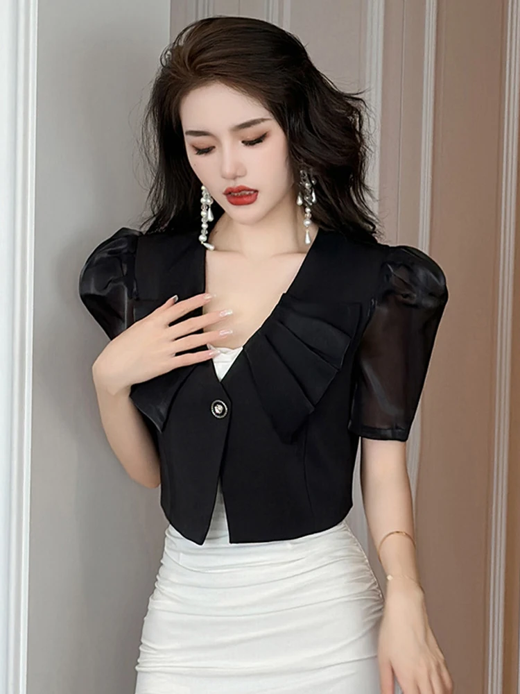 Summer Women Short Suit Satin Formal Chic Peter Pan Collar