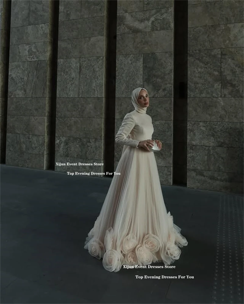 Women prom dresses Xijun Modest Ivory Long Evening Dresses 3D Flowers A-Line Muslim Wedding Dresses Dubai Formal Occasion Prom Gown Customized