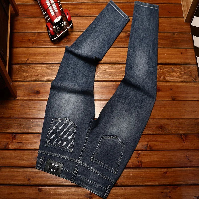 New high-end trendy brand light business jeans men printed elastic slim fit straight tube trendy casual versatile denim pants