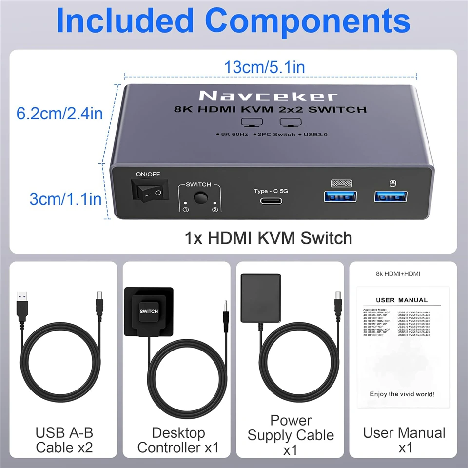 2K 240Hz HDMI KVM Switch 2 Monitors 2 PCs 4K 240Hz USB 3.0 8K Docking Station Sh