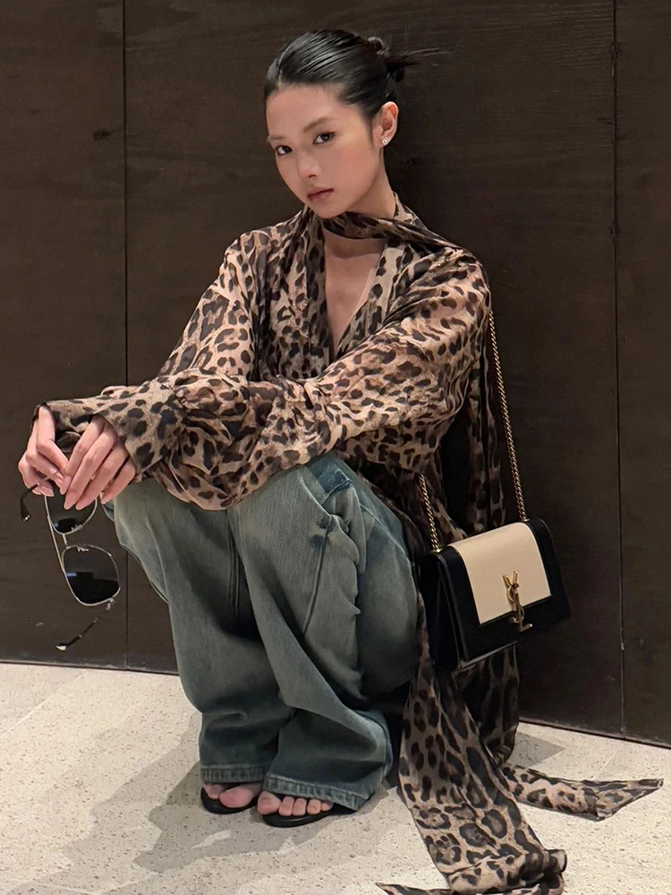 Nibber Lace-Up  Sexy Leopard Chiffon Shirt Women Halter Ribbon Deep Neck Long Sleeve Elegant Commute Hottie Midnight Clubwear