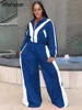 Fashion Striped Patchwork Women 2 Piece Set Wide Leg Pants and Jacket Long Sleeve Zipper Tops Loose Outfits Streetwear Tracksuit 2