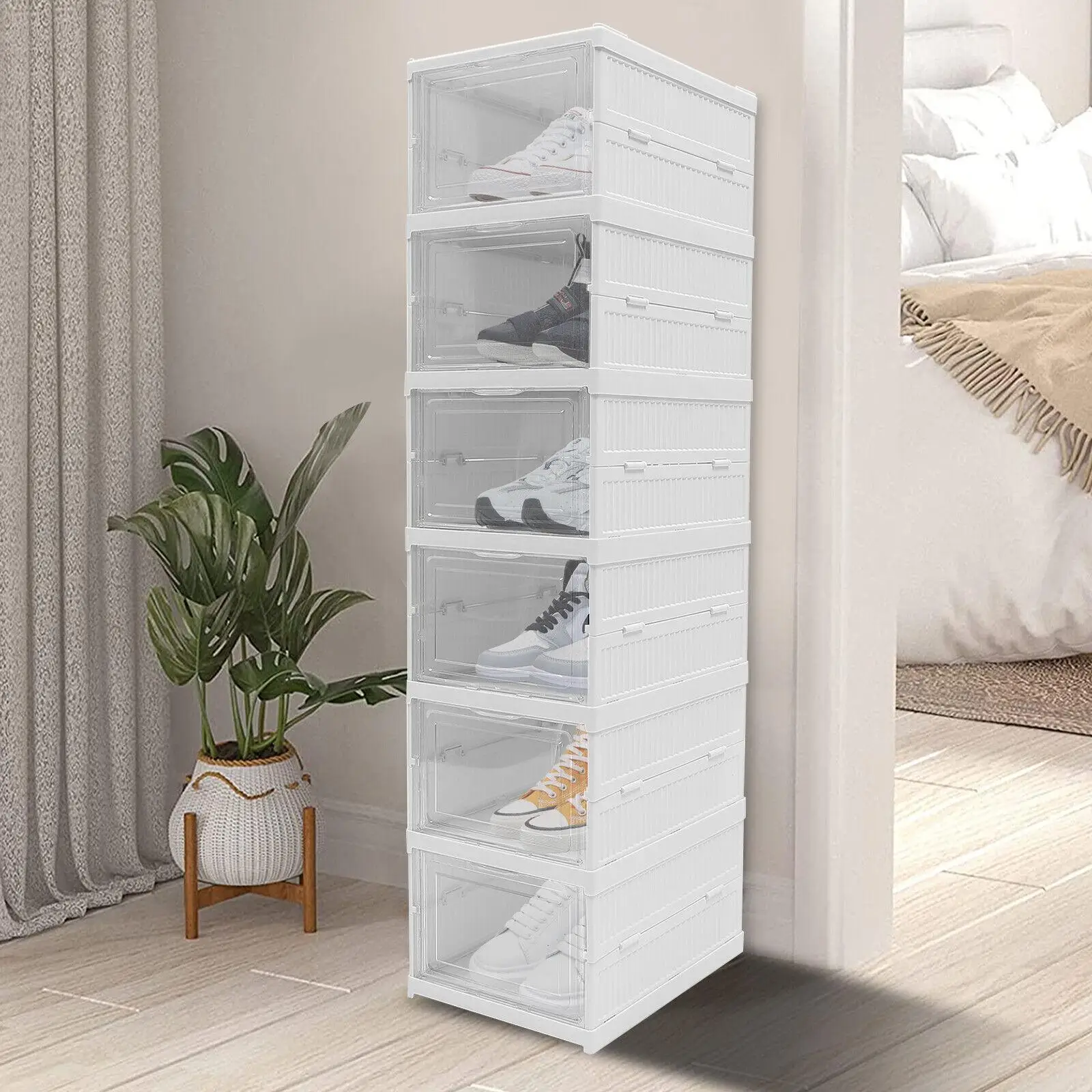

6 Layer Installation-Free Shoe Box With Transparent Doors Stackable Shoe Cabinet Foldable Entryway Shoe Rack Storage Organizer