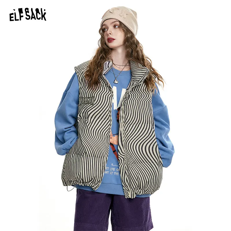 ELFSACK Striped Detachable Down Vest Women 2023 Autumn/Winter New Loose Warm Outwears