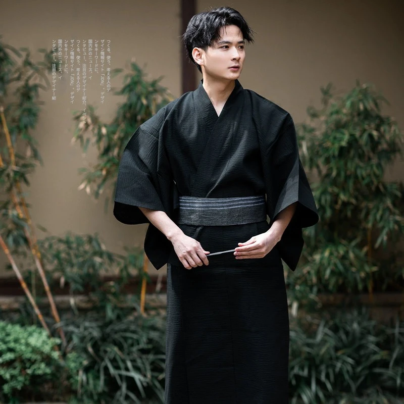 Japanese Samurai Kimono For Men Yukata Bathing Robe Hekoobi Loose Style Sauna Wear Homewear Belt Long Gown Cotton japanese kimono