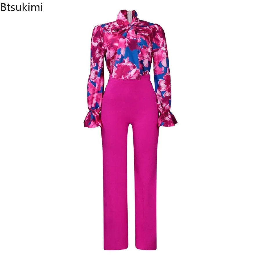 2024 Women's Elegant Floral Print 2PCS Casual Pant Sets Lantern Sleeve High Waisted Business Office Ladies Work Wear Overalls