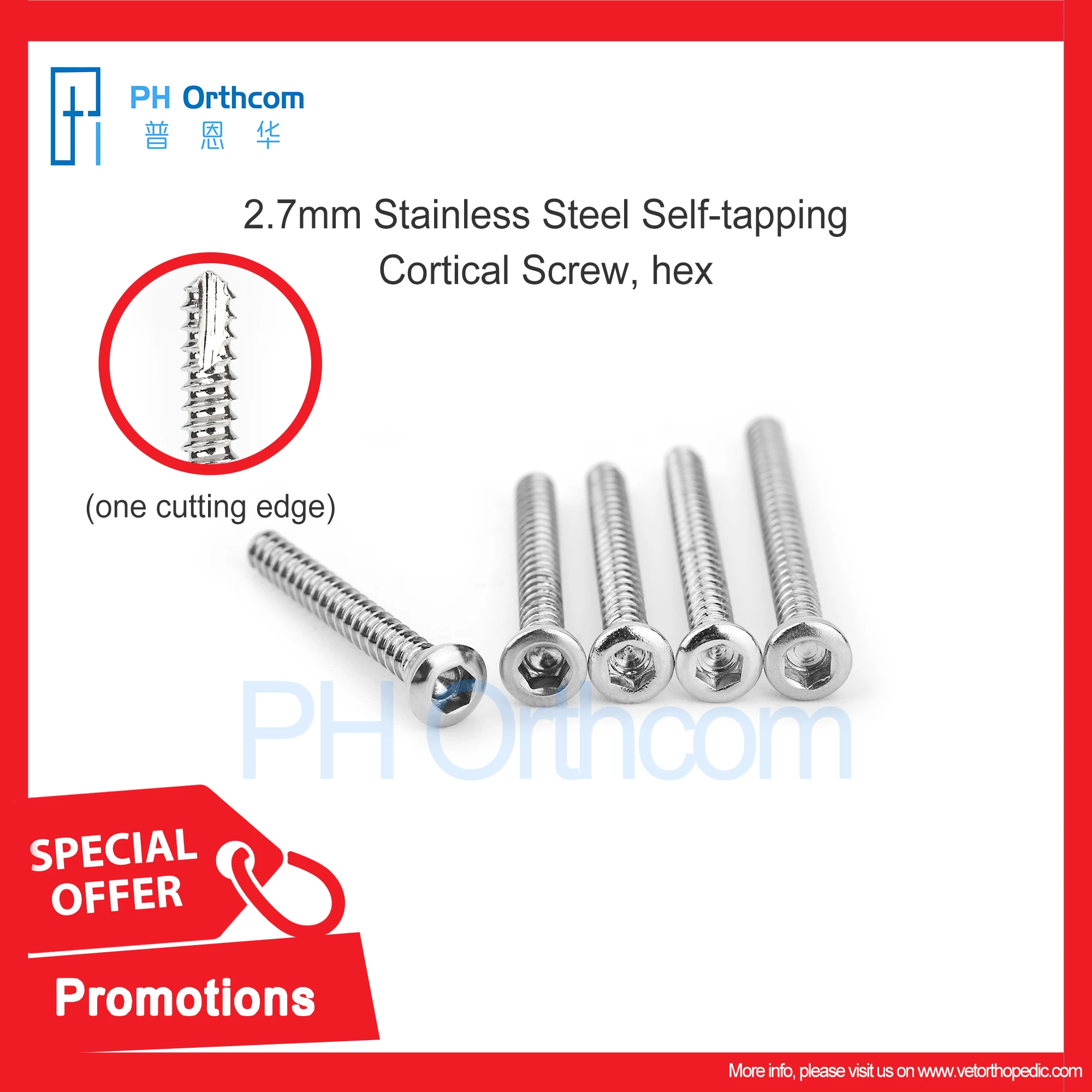 2.7mm Stainless Steel Self-tapping Cortical Screw Hex One Cutting Edge