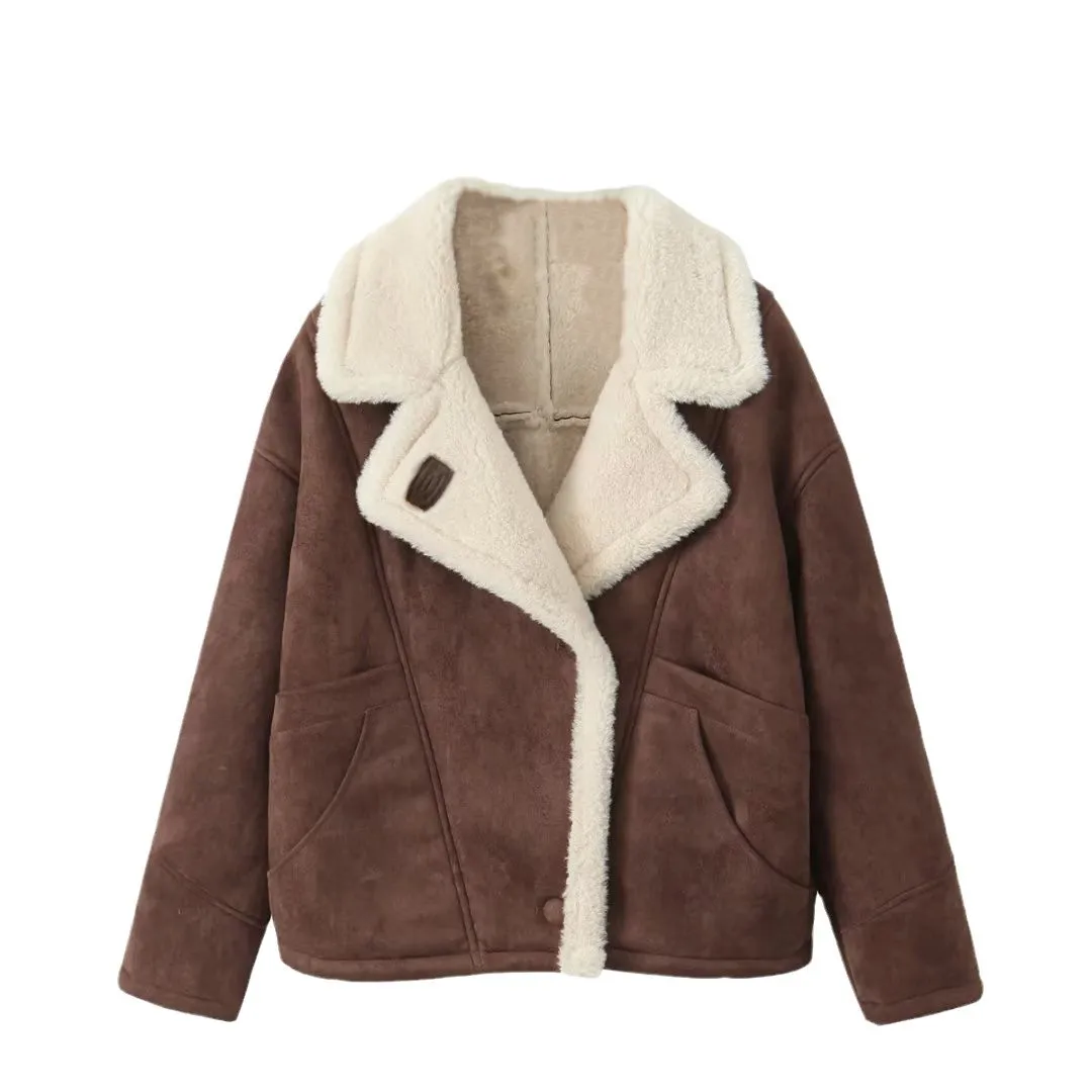 Winter Loose Fashion Overcoat For Women Lapel Pocket jacket Coat Streetwear Commute Contrast Vintage Ladies Outwear 2025