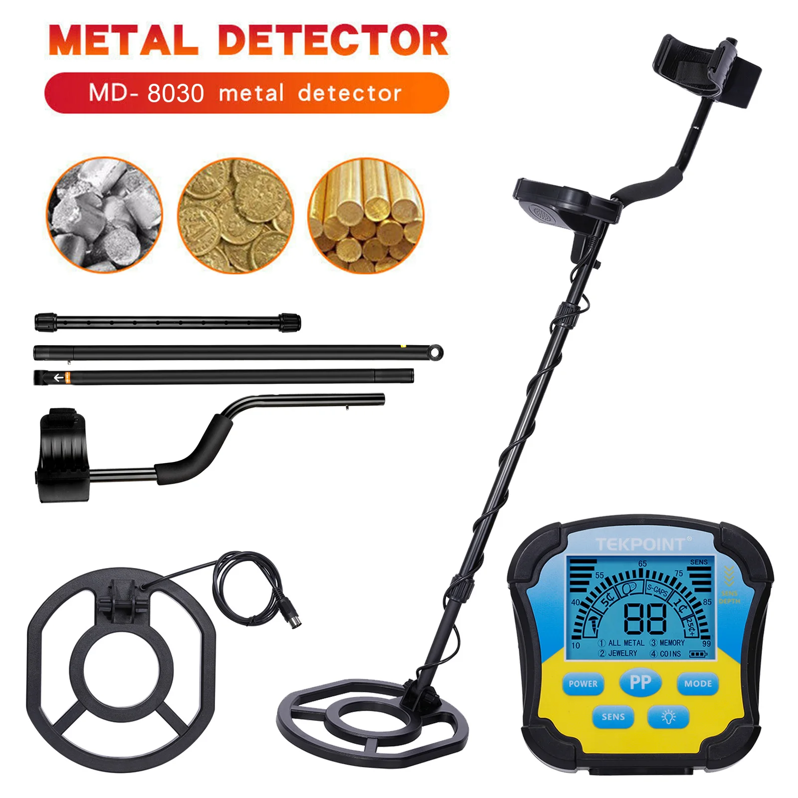 Metal Detector MD8030 Lightweight Gold Finder 10 IP68 Waterproof Search Coil 4 Modes Professional High Accuracy