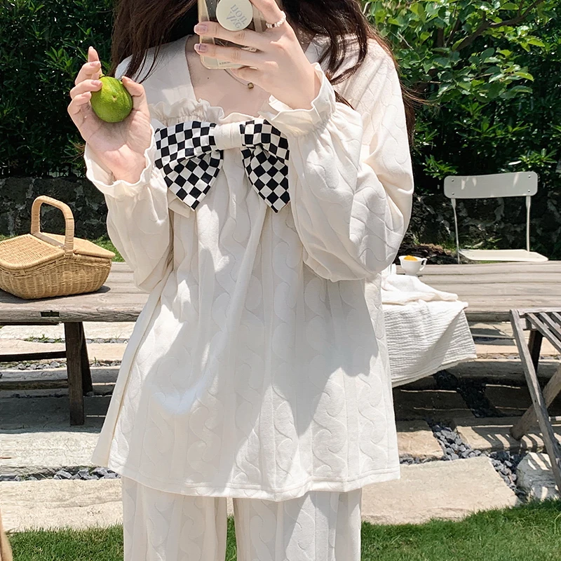 Spring, Autumn and Winter Women's Pajamas Knitted Cotton Solid Korean Style Square Neck Women's Suit Evening Dress Home Wear