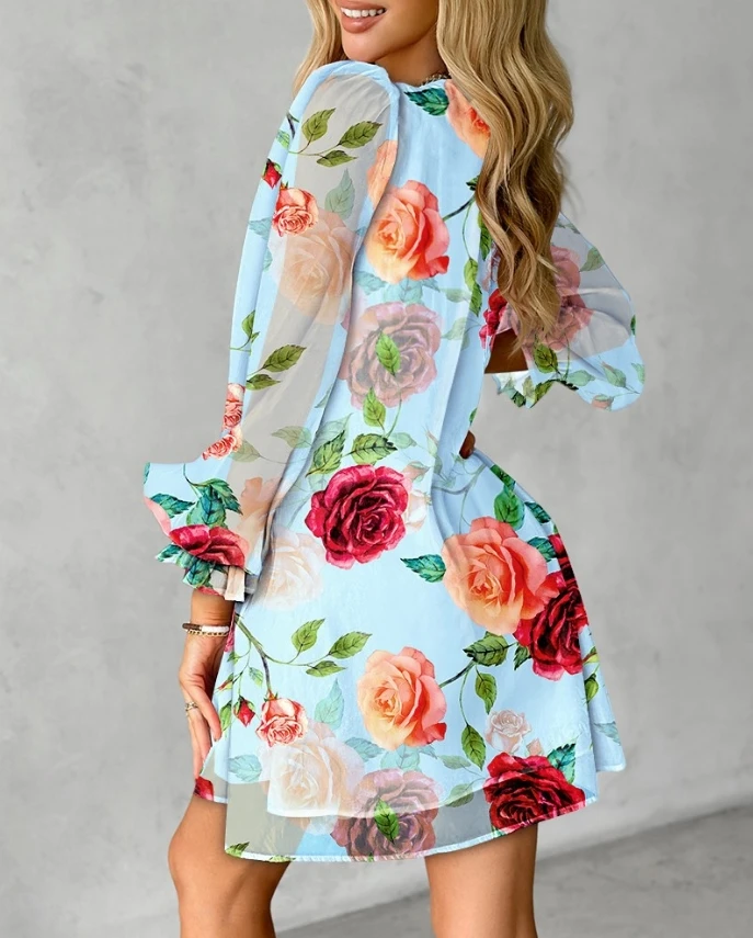 

Mesh Patch Casual Dress for Women Temperament Commuting 2024 Summer New Casual Daily Vacation Flower Print Deep V-Neck Dress