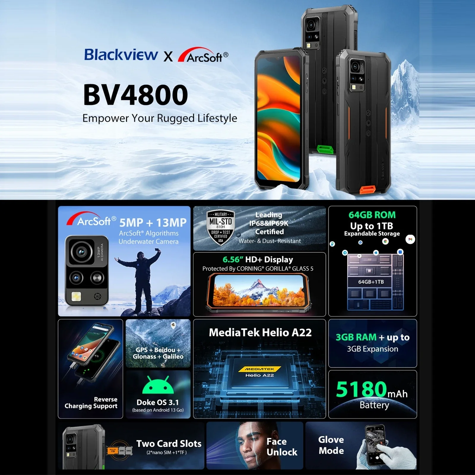 Blackview-Smartphone BV4800 resistente al agua IP68/IP69K, 3GB + 64GB, 5180mAh, Android 13, Helio A22, Quad Core, cámara de 13MP 2