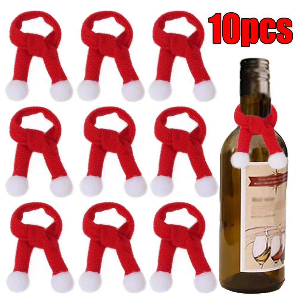 Mini Knitting Scarf Wine Bottle Decor Xmas Tree Ornament Pompon Red Scarf Christmas New Year Party Decoration Supplies 10/1PCS