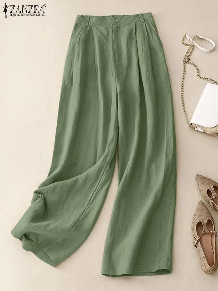 

ZANZEA Autumn Women Harem Pants Wide Leg Trousers Loose Elastic Waist Solid Long Pantalon Causal Cotton Palazzo Oversize