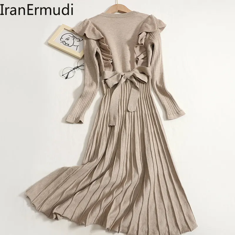 

IranErmudi Women Ruffeld Maxi Knitted Dress Bodycon A Line Solid Belted Dresses Female Chic Fashion Atumn Winter Vestidos 2022