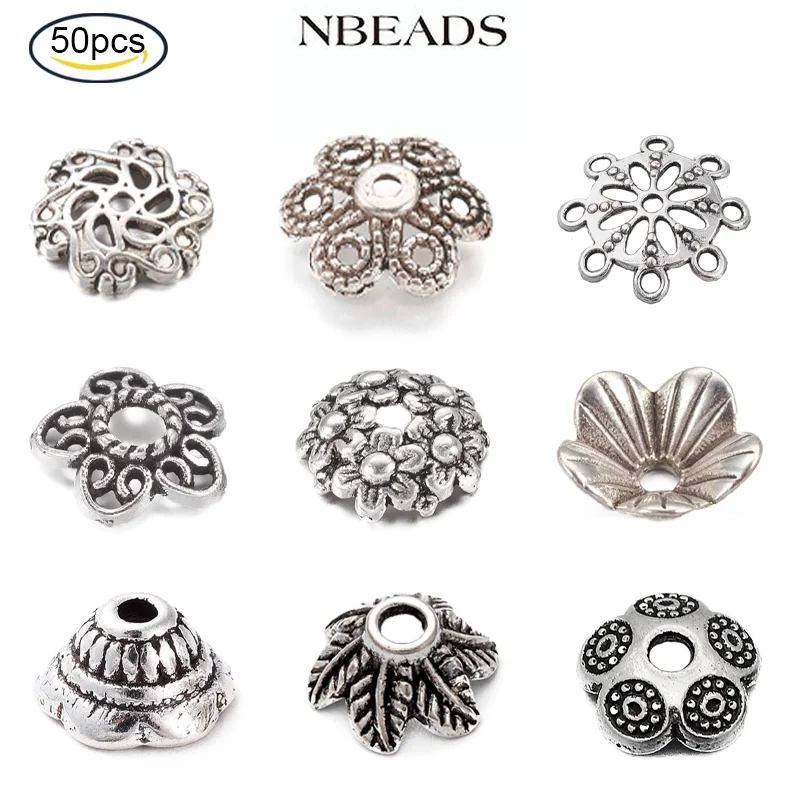 

50PC Tibetan Style Alloy Bead Caps Metal Flower Cone Charm Column Spacer Beads for DIY Necklace Bracelet Arts Projects