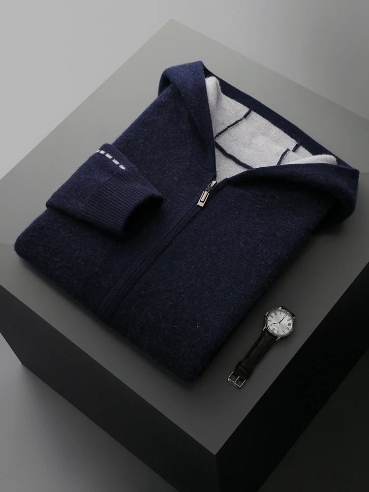 Men's Zipper Jacquard Hooded Cardigan Light Luxury 100% Cashmere Sweater Autumn Winter Casual Coat Knitwear Comfortable Tops 6